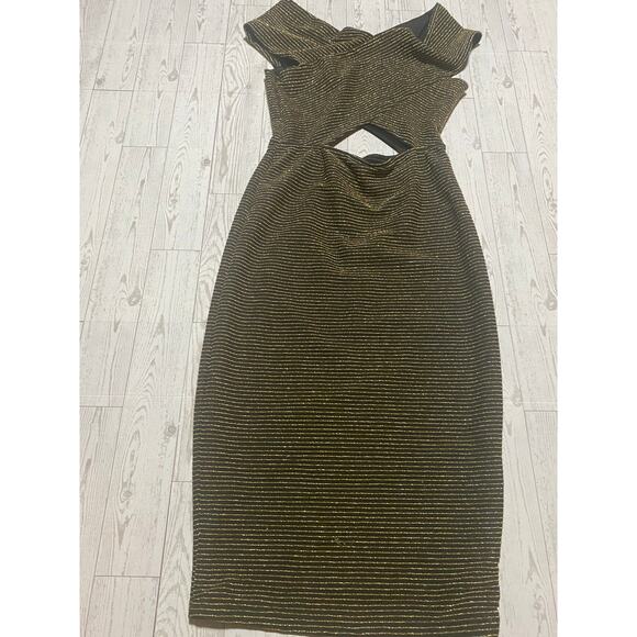 Alt.B Black Gold Metallic Bodycon Dress Cutout Front Cocktail Party Midi - Picture 1 of 3